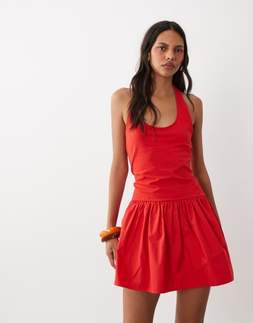 ASOS DESIGN Minikleid mit Neckholder und U-Ausschnitt, Baumwoll-Popeline-Rock, in Rot, 3 von 4