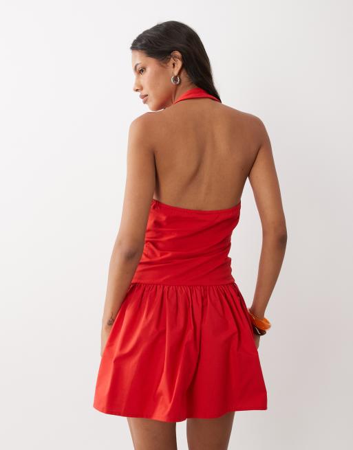 ASOS DESIGN Minikleid mit Neckholder und U-Ausschnitt, Baumwoll-Popeline-Rock, in Rot, 4 von 4