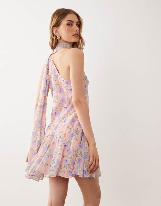 ASOS DESIGN – Minikleid mit One-Shoulder-Träger, Schaldetail und buntem Blumenmuster, 4 von 4