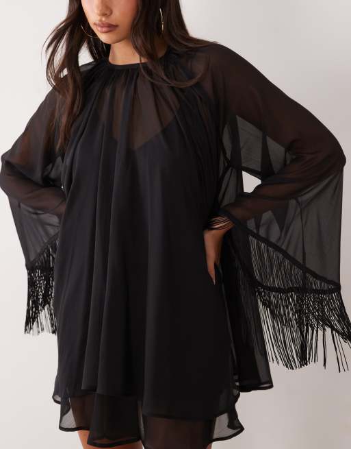ASOS DESIGN Minikleid mit Overlay-Lagen, Fransensaum und Ärmeln in Schwarz, 3 von 4