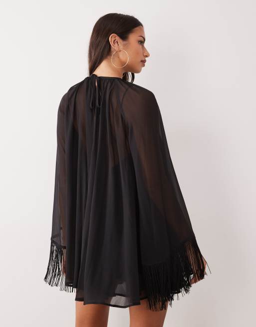 ASOS DESIGN Minikleid mit Overlay-Lagen, Fransensaum und Ärmeln in Schwarz, 4 von 4