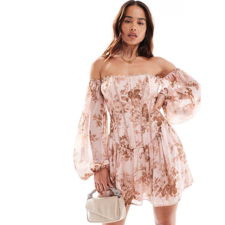 ASOS DESIGN Minikleid mit rosa Blumenmuster Bardot Ausschnitt und Korsett Oberteil