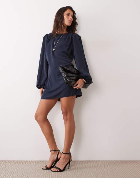 ASOS DESIGN Minikleid mit Rundhalsausschnitt und Volumenärmeln in Marineblau - view 1