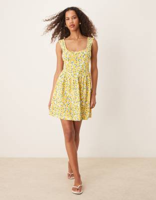 ASOS DESIGN - Minikleid mit U-Ausschnitt und Zitronenmuster-Bunt