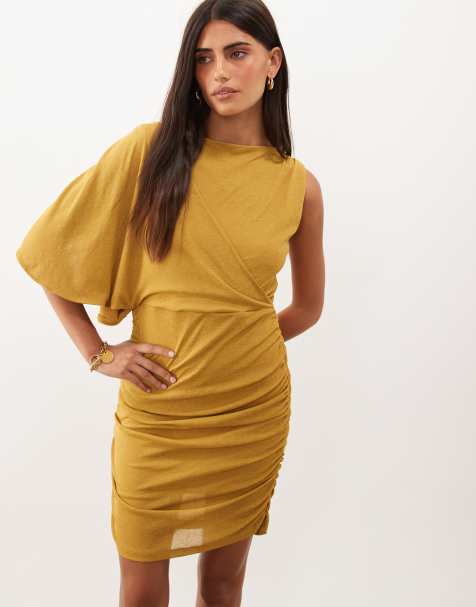 ASOS DESIGN Minikleid mit U-Boot-Ausschnitt und Drapierung in Braun - view 1