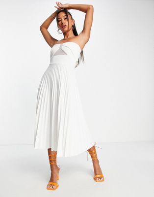 ASOS DESIGN minimal bandeau pleated midi dress in white