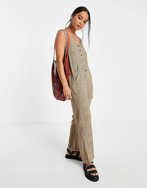Jumpsuits & Playsuits minimal button front dungaree in leopard print 