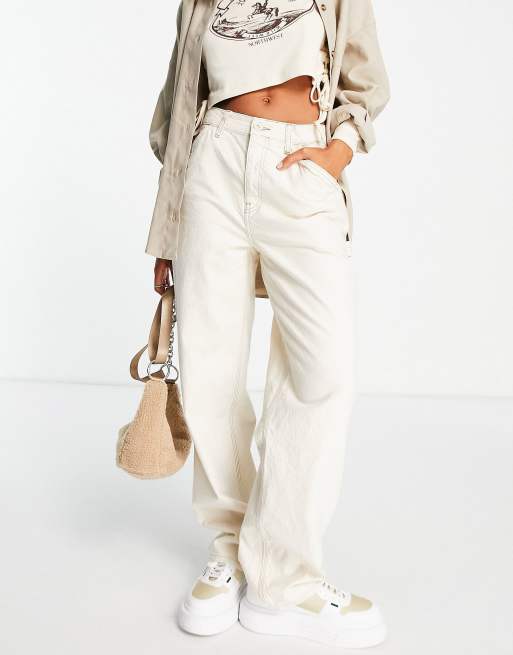 ASOS DESIGN minimal cargo pants in ecru with contrast stitching