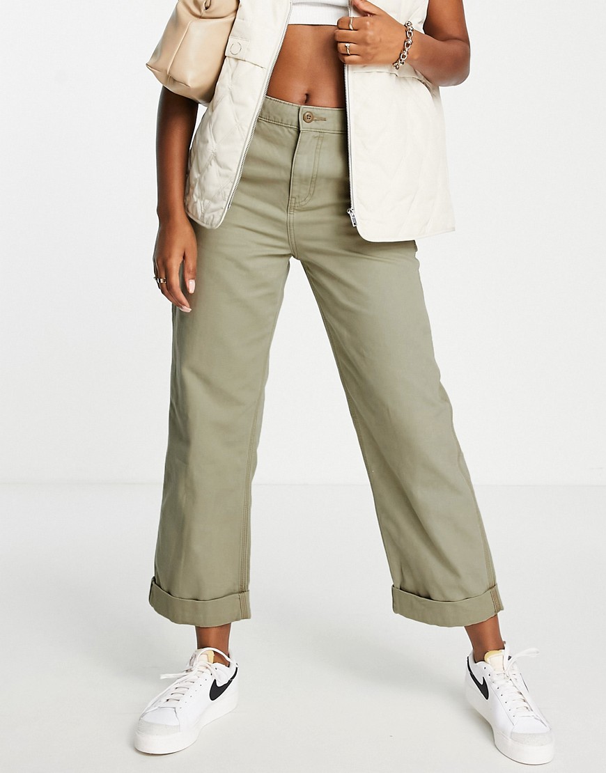 ASOS DESIGN minimal cargo pants in khaki with contrast stitching-Green