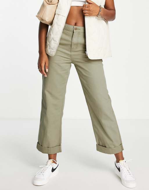 ASOS DESIGN minimal cargo pants in khaki with contrast stitching