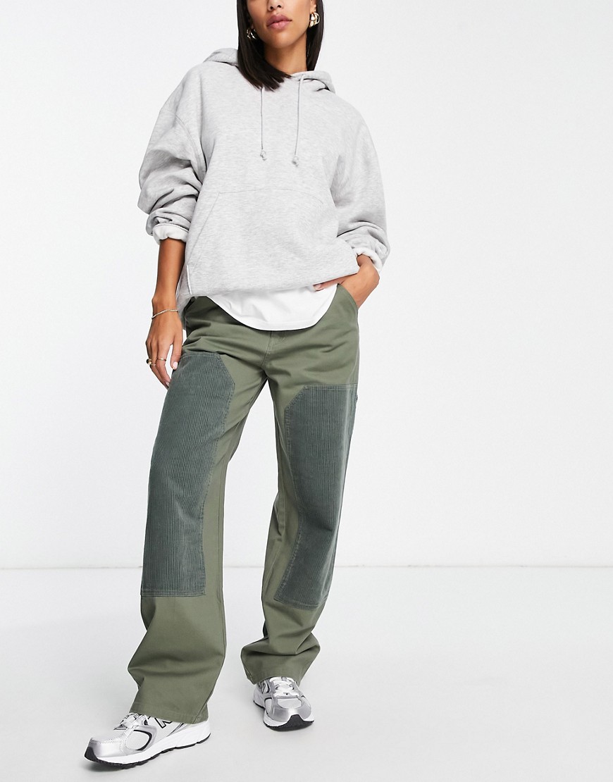 ASOS DESIGN minimal cargo trouser with patchwork cord in khaki-Green