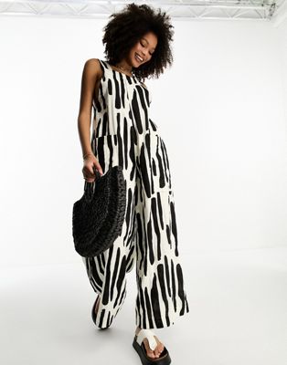 ASOS DESIGN minimal crinkle overalls jumpsuit in abstract print