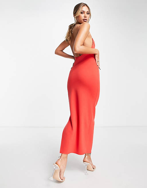 Women minimal cupped cami maxi dress in hot red 