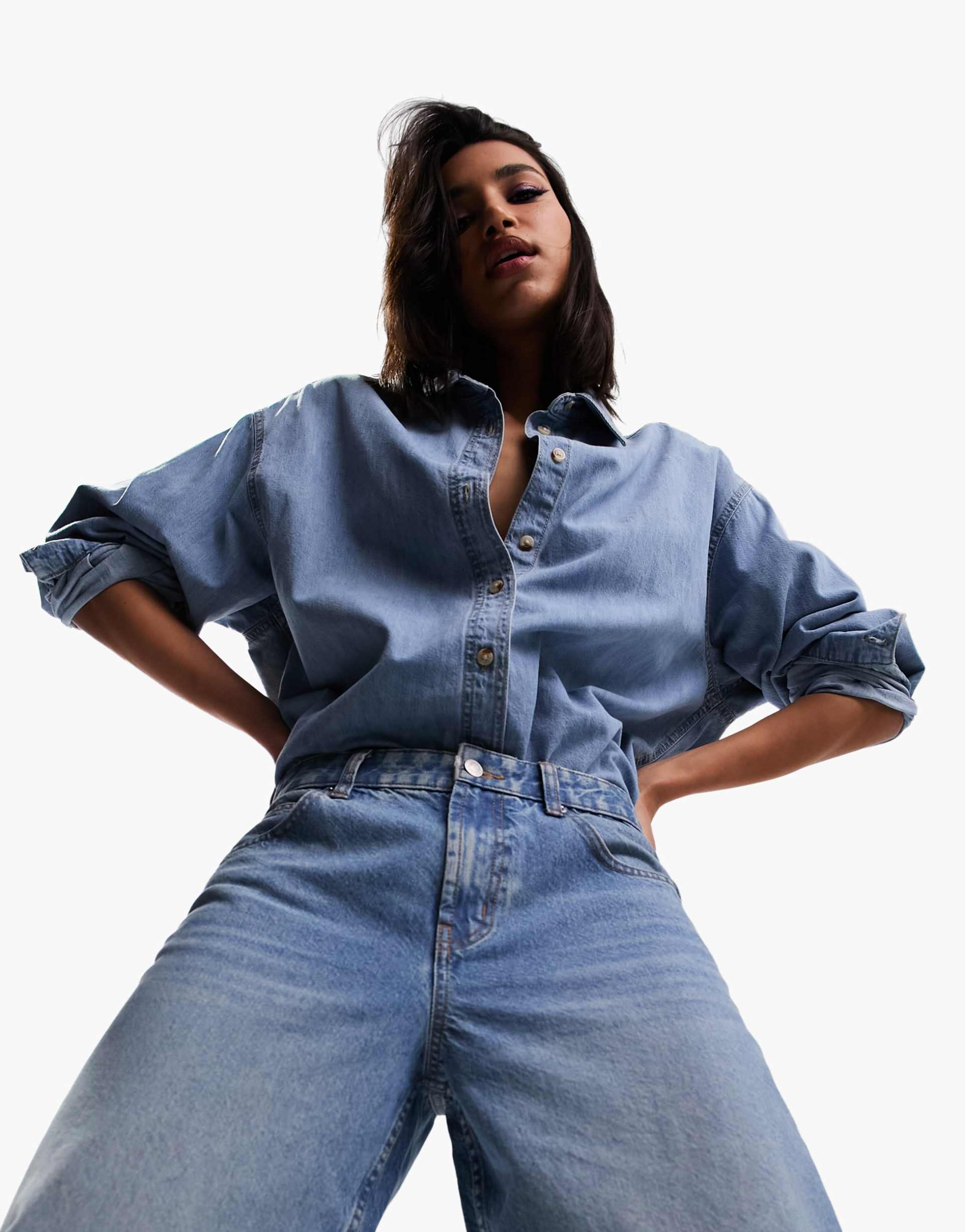 asos design minimal denim shirt in lightwash