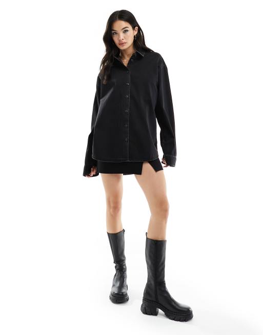 ASOS DESIGN minimal denim shirt in washed black, 2 of 5
