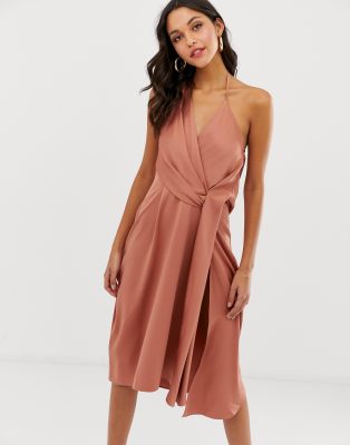 asos design minimal drape midi dress in satin