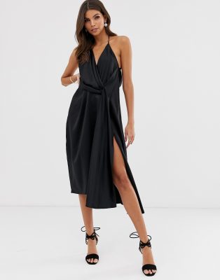 asos design minimal drape midi dress in satin