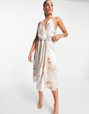 asos design minimal drape midi dress in satin