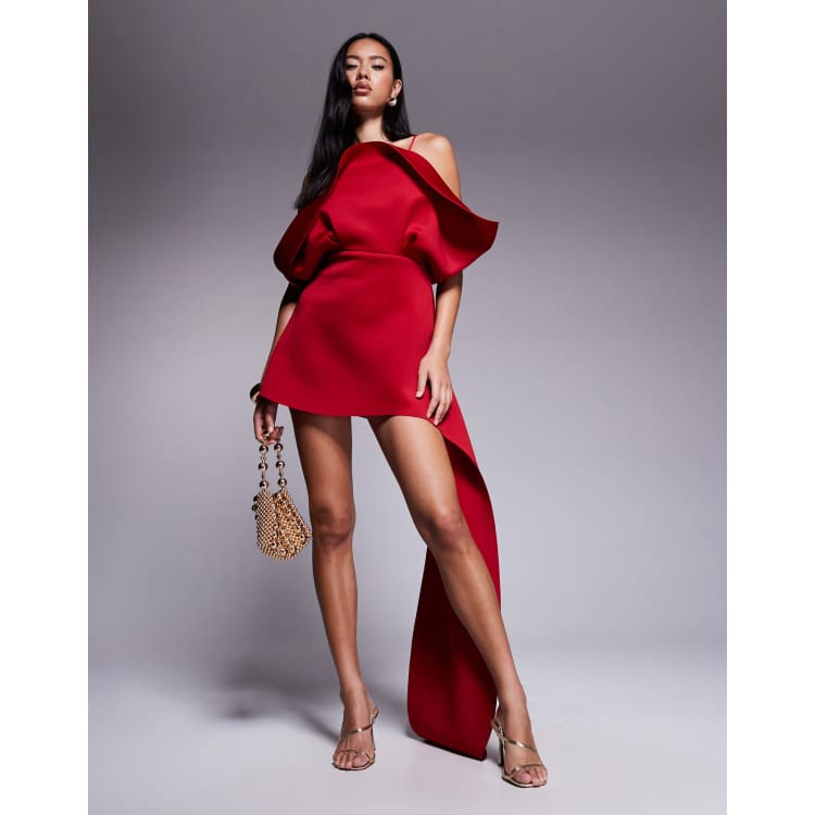 short red dress with train SHE IS THE MOMENT MINI DRESS WITH TRAIN IN RED