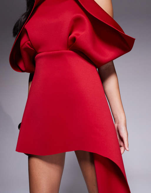 ASOS DESIGN minimal fan detail mini dress with train in red