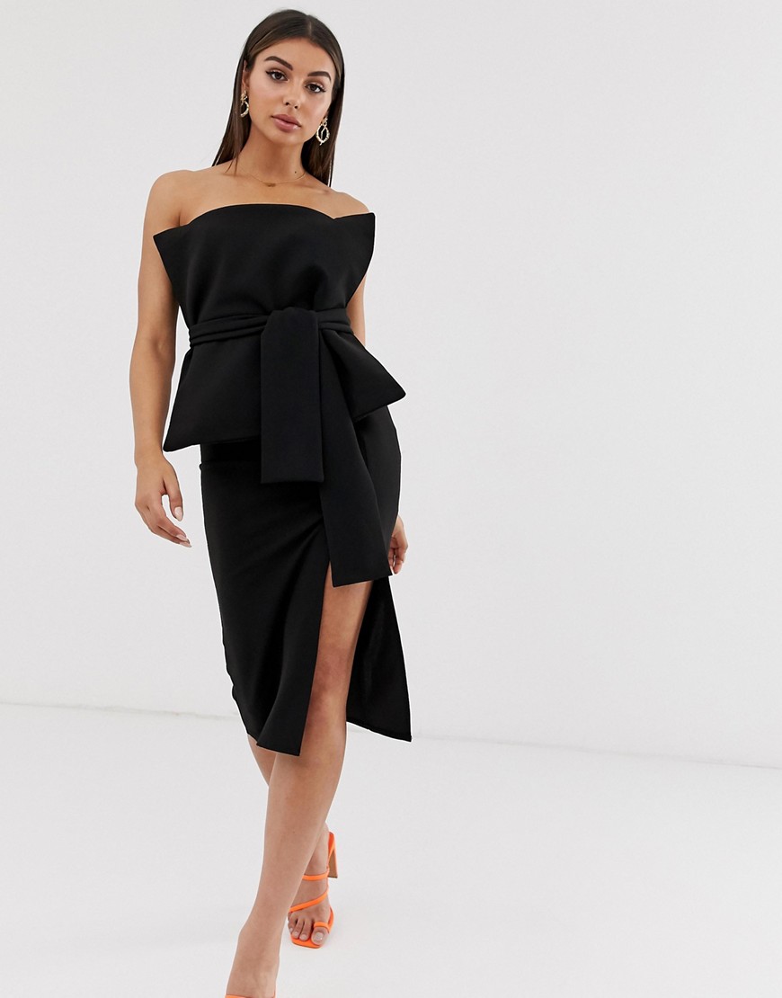 ASOS DESIGN minimal fold layer bandeau belted midi dress-Black