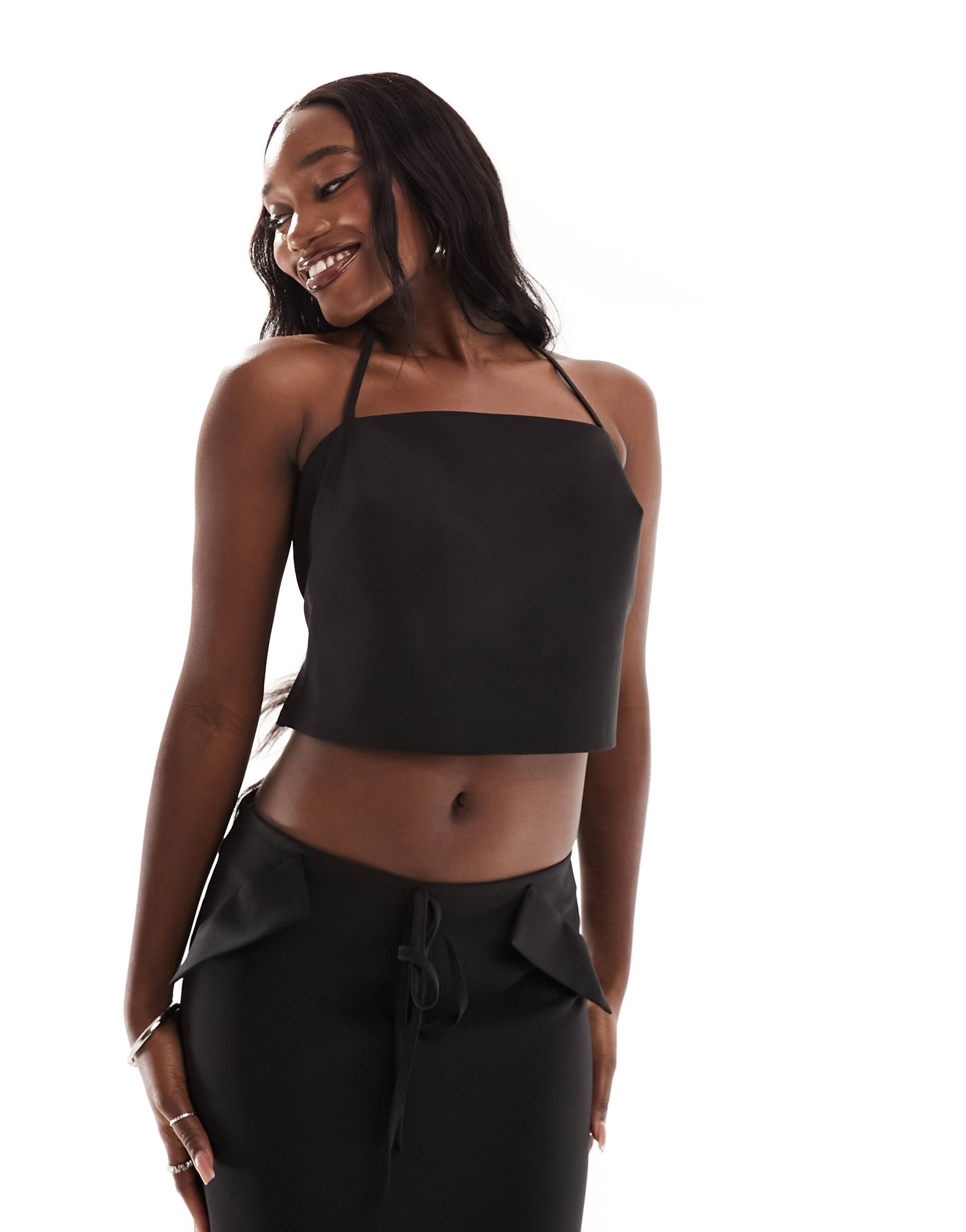 asos design minimal halter top in black - part of a set