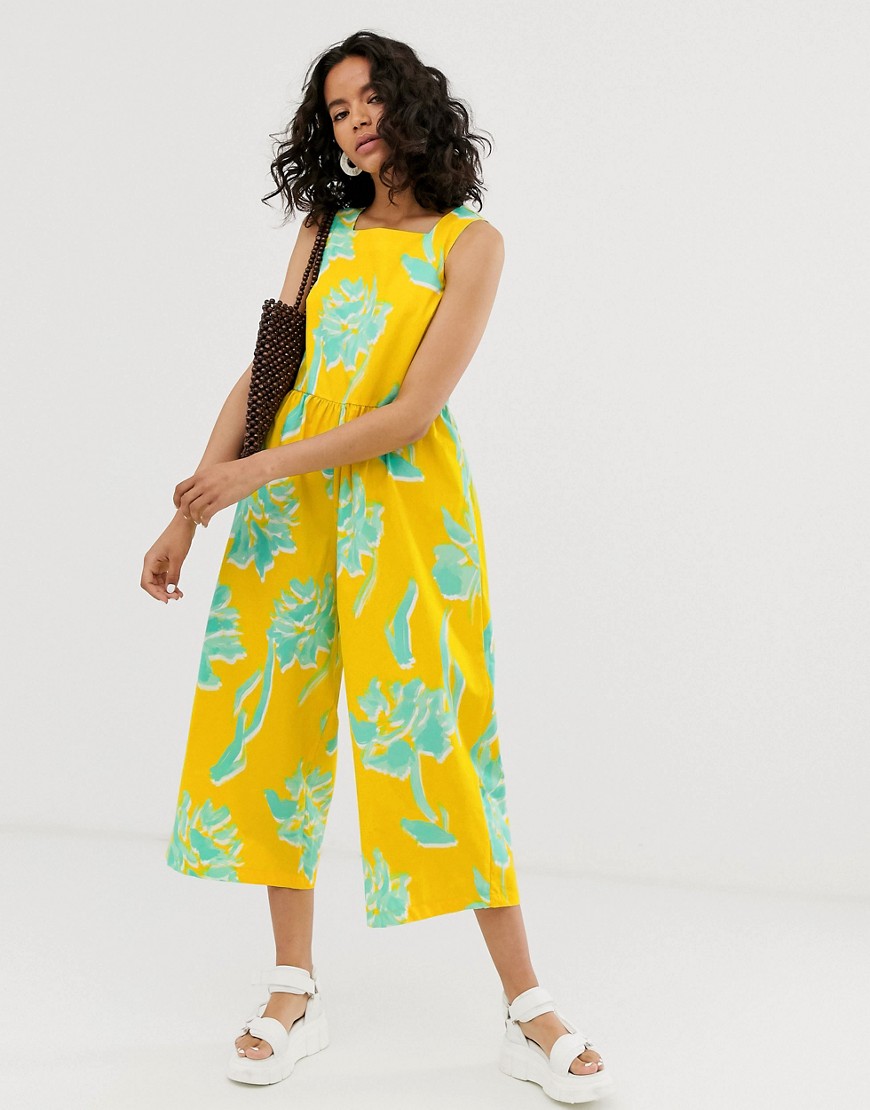 ASOS DESIGN minimal jumpsuit with ruched waist in floral print-Multi