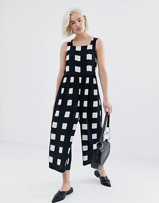 ASOS DESIGN minimal jumpsuit with ruched waist in mono check print