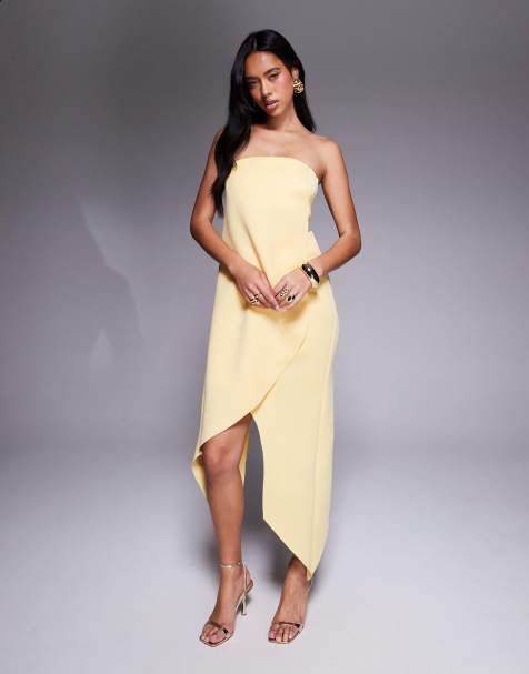 ASOS DESIGN minimal midi dress with wrap round body detailing in yellow - view 1