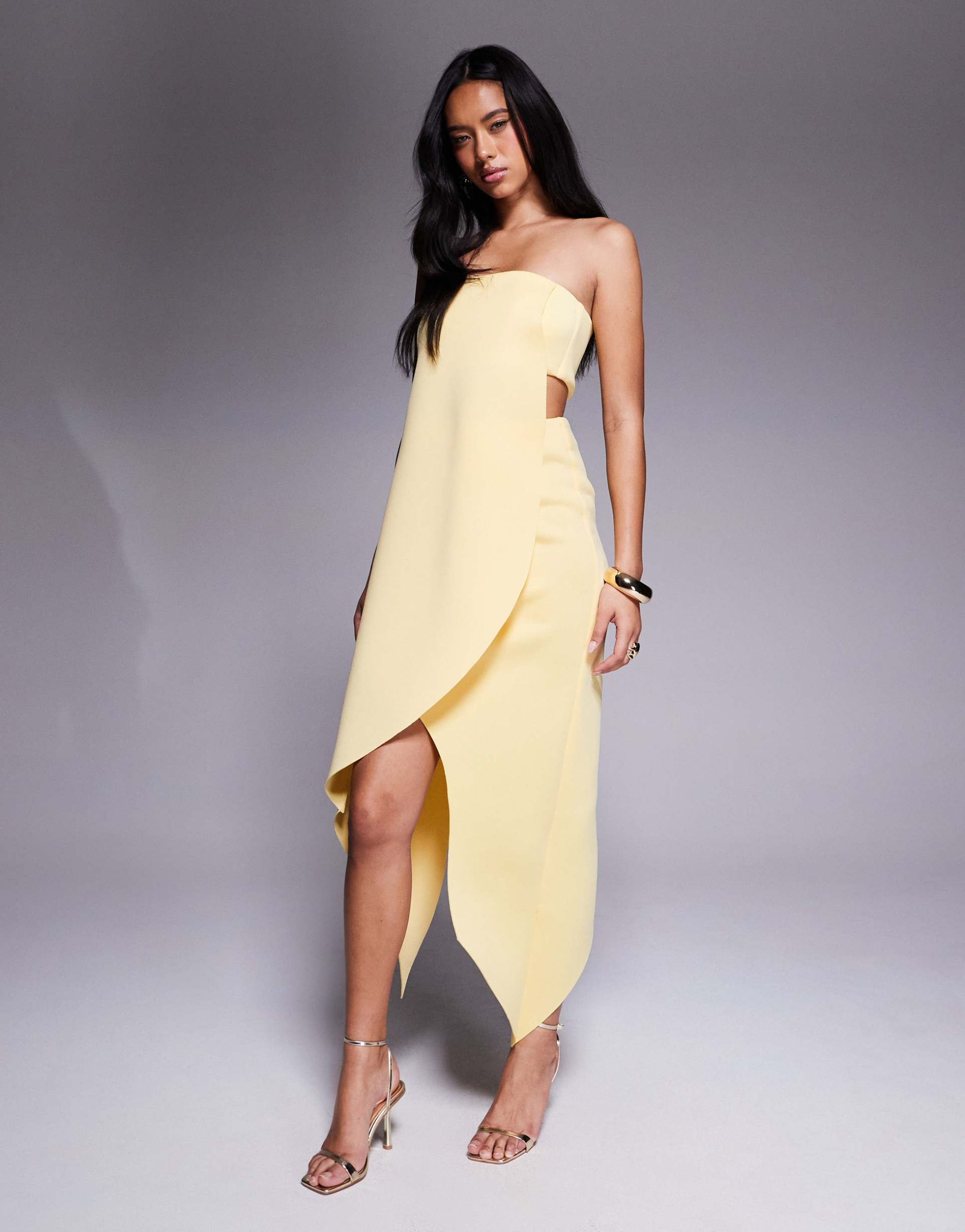 asos design minimal midi dress with wrap round body detailing in yellow