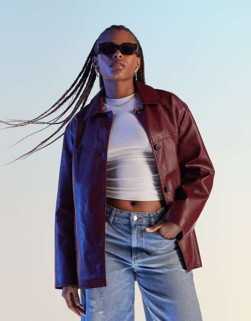 ASOS DESIGN - Minimalistisch jack met kraag van imitatieleer in bordeauxrood