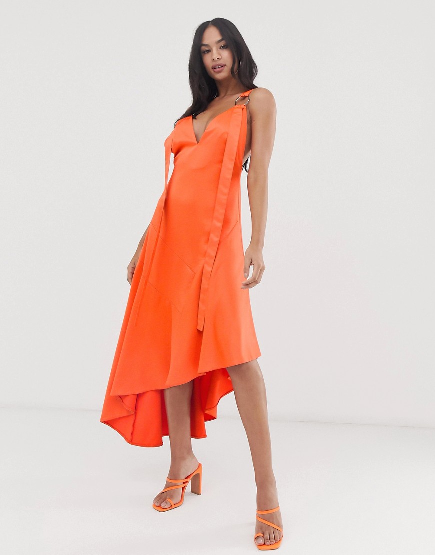 ASOS DESIGN - Minimalistische midaxi-jurk met satijnen vlak en ringdetail-Grijs