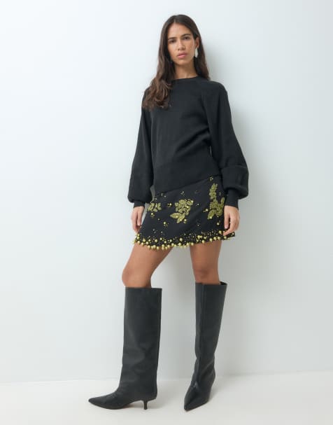 ASOS DESIGN mininederdel med perlepynt i sort - view 1