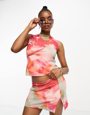 ASOS DESIGN - Minirock aus Netzstoff mit verschwommenem Blumenmuster, Kombiteil-Bunt