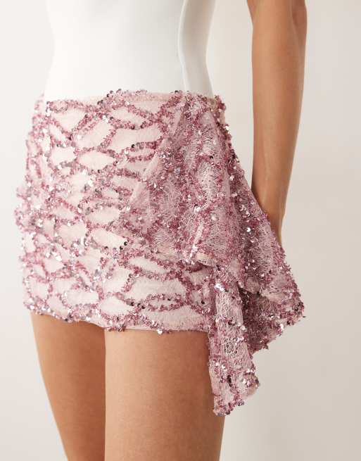 ASOS DESIGN – Minirock aus Spitze in Rosa mit Pailletten und Rüschendetail, 2 von 5