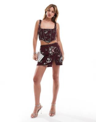 Thumbnail - ASOS DESIGN - Minirock in Pflaume mit Paillettenverzierung im Himmelskörper-Design, Kombiteil-Rot