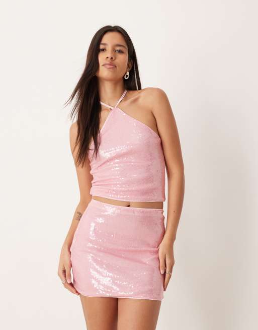 ASOS DESIGN – Minirock in Rosa mit ganzflächigem Paillettenbesatz, Kombiteil, 2 von 5