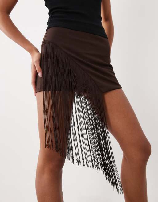 ASOS DESIGN miniskort med frynser i brun, 4 af 5