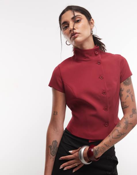 ASOS DESIGN minitopp med ståkrage och figursydd passform i rött - view 1