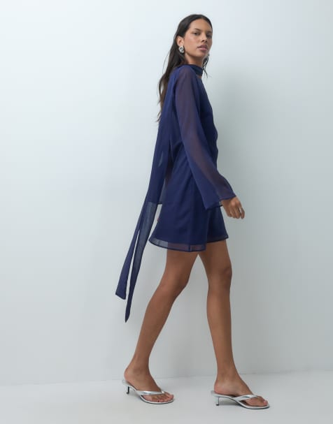 ASOS DESIGN - minivestido de gasa al bies con pañuelo a juego en azul marino - view 1