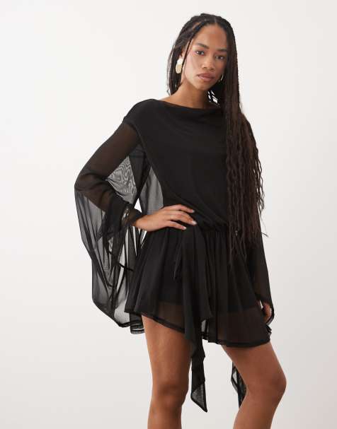 ASOS DESIGN - minivestido de malla con lazada lateral y manga extralarga en negro - view 1