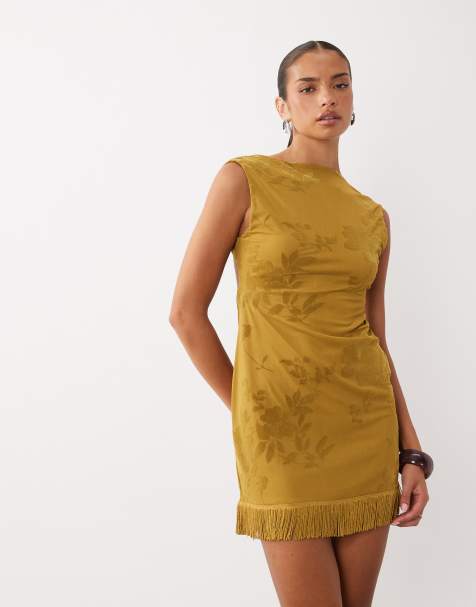 ASOS DESIGN - minivestido de malla devoré de flores con flecos en oliva - view 1