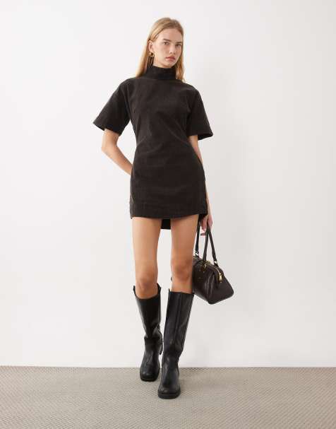 ASOS DESIGN minivestido recto de pana lavada con cuello alzado en negro - view 1