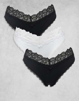 ASOS DESIGN Minnie 3 pack cotton brazilian brief with lace waistband in black & white - view 1
