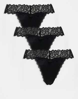 ASOS DESIGN Minnie 3 pack cotton thong with lace waistband in black