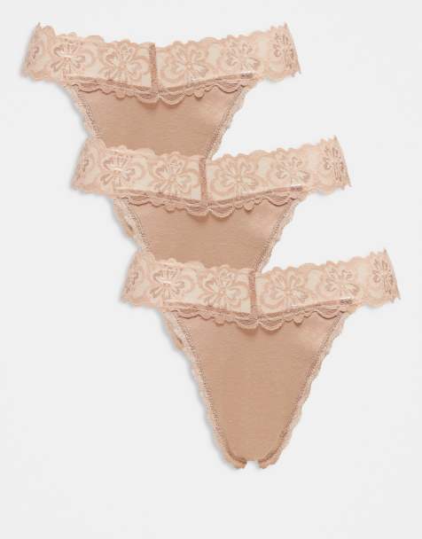 ASOS DESIGN Minnie 3 pack cotton thong with lace waistband in neutral - view 1