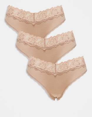 ASOS DESIGN - Minnie - 3er-Pack Brazilian-Slips aus Baumwolle in Neutral mit Bund aus Spitze