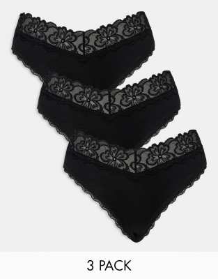 ASOS DESIGN - Minnie - 3er-Pack Brazilian-Slips aus Baumwolle in Schwarz mit Bund aus Spitze