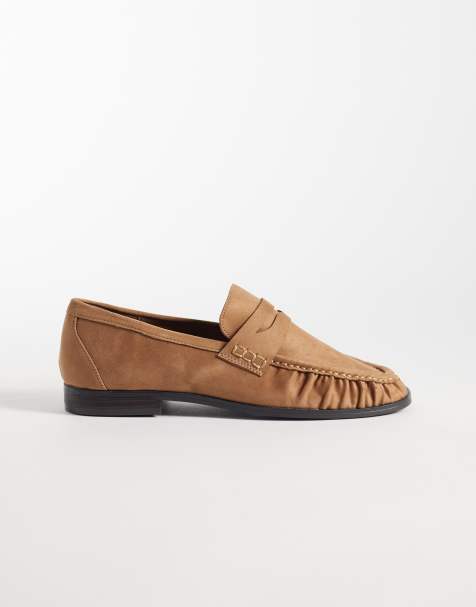 ASOS DESIGN - Minnie - Gyldenbrune loafers med rynkedetaljer i imiteret ruskind - view 1