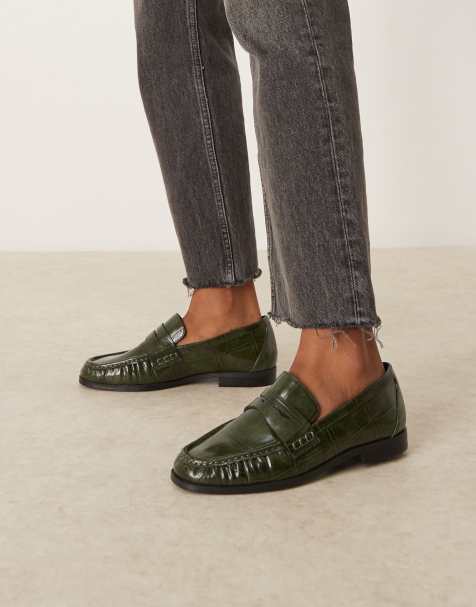 ASOS DESIGN – Minnie – Loafer in Kroko-Grün mit Raffung - view 1